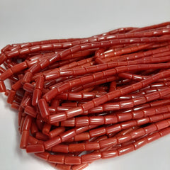 Natural Italian Coral Smooth Tube Beads, AAA Quality Original Italian Red Coral Beads, 4x8 mm To 5x8 mm Each Approx.