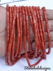20 Inches Natural Italian Coral Smooth Tube Beads, AAA Quality Original Italian Red Coral Smooth Cylinder Beads For Jewelry