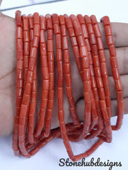 Natural Italian Coral smooth Tube Beads, Original Italian Red Coral Cylinder Beads For Jewelry, 4x8-5x8 mm Each Approx.