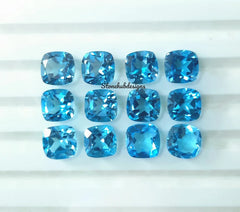 7MM, 8MM, 9MM, 10MM Natural Swiss Blue Topaz faceted Cushion Gemstone, AAA Blue Topaz faceted Cushion Loose Calibrated Cut Stone for Jewelry