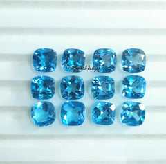7MM, 8MM, 9MM, 10MM Natural Swiss Blue Topaz faceted Cushion Gemstone, AAA Blue Topaz faceted Cushion Loose Calibrated Cut Stone for Jewelry