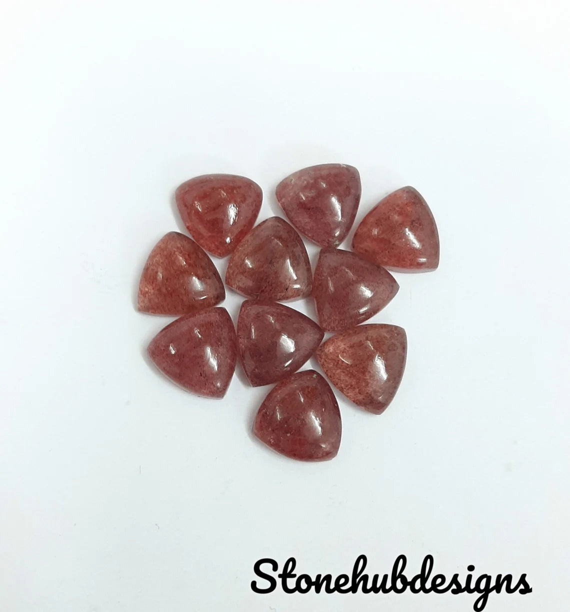 Natural Pink Strawberry Quartz Smooth Trillion Cabochon Stone, AAA Pink Strawberry Trillion Shape Flat Back Cabochon For Jewelry