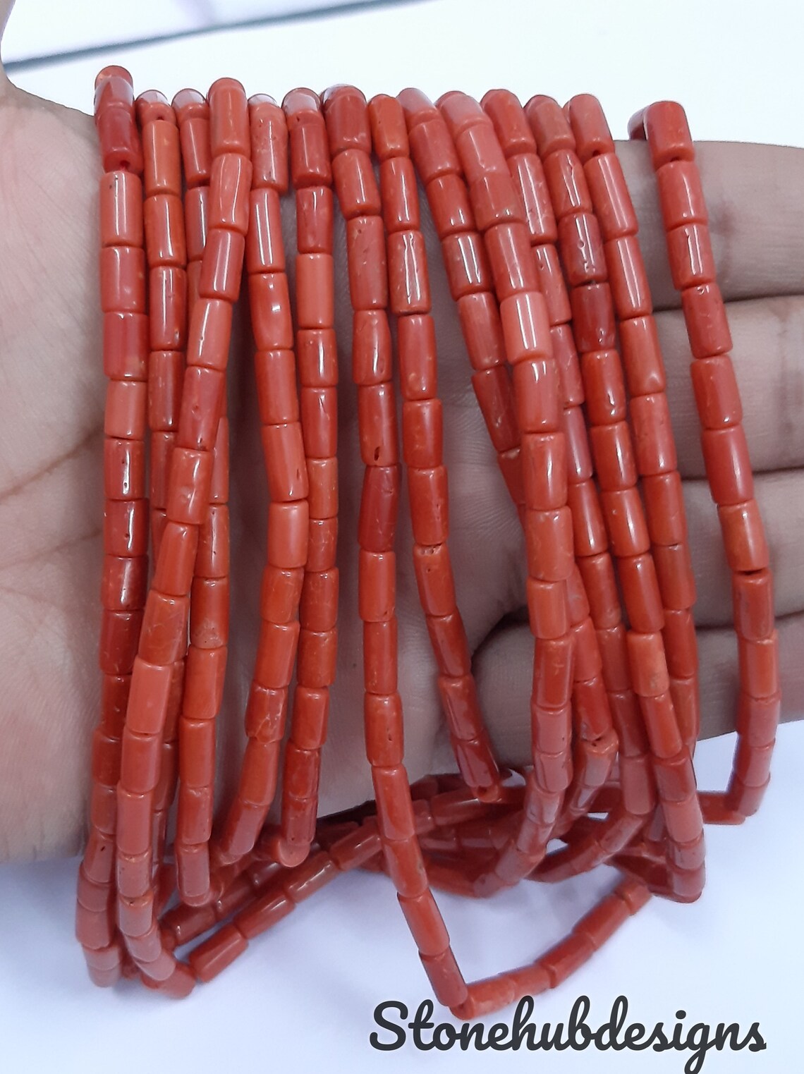 20 Inches Natural Italian Coral Smooth Tube Beads, AAA Quality Original Italian Red Coral Smooth Cylinder Beads For Jewelry