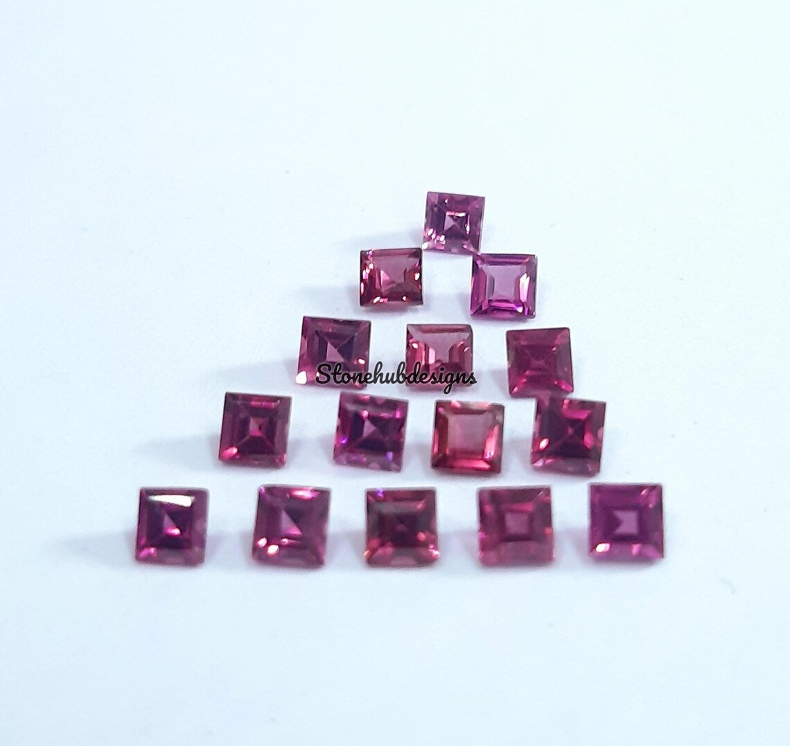 3MM, 4MM, 5MM Natural Rhodolite Garnet Faceted Square Cut Gemstone, AAA Pink Garnet faceted Square Loose Calibrated Stone for jewelry