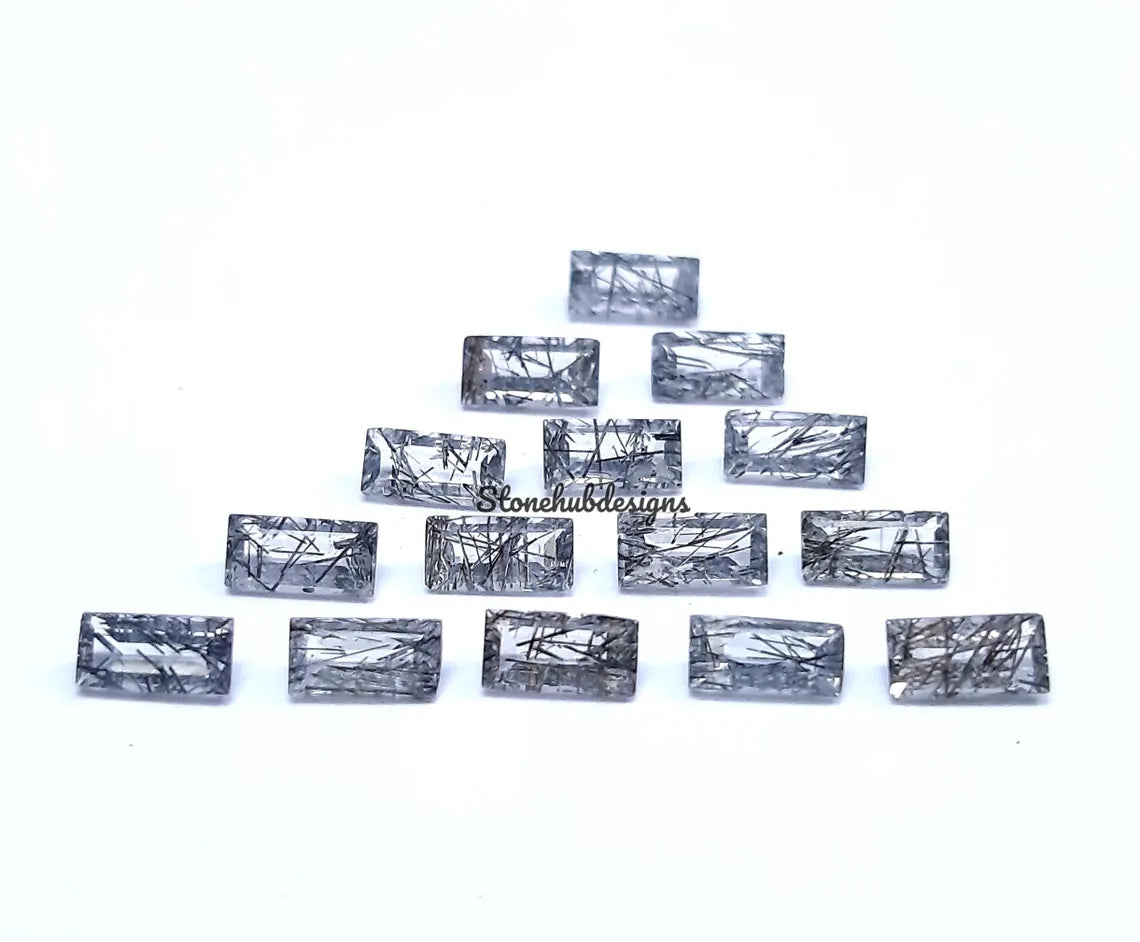 2x4MM, 2.5x5MM, 3x6MM Natural Black Rutilated Quartz Faceted Baguette Faceted Cut Stone, AAA Black Rutile faceted Baguette Cut For Jewelry