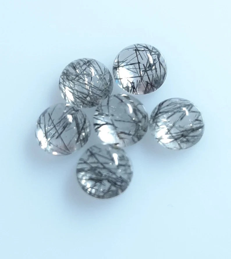 Natural Black Rutilated Quartz Round Cabochon Gemstone, AAA Black Rutile Quartz Smooth Round Flat back Cabochon For Jewelry