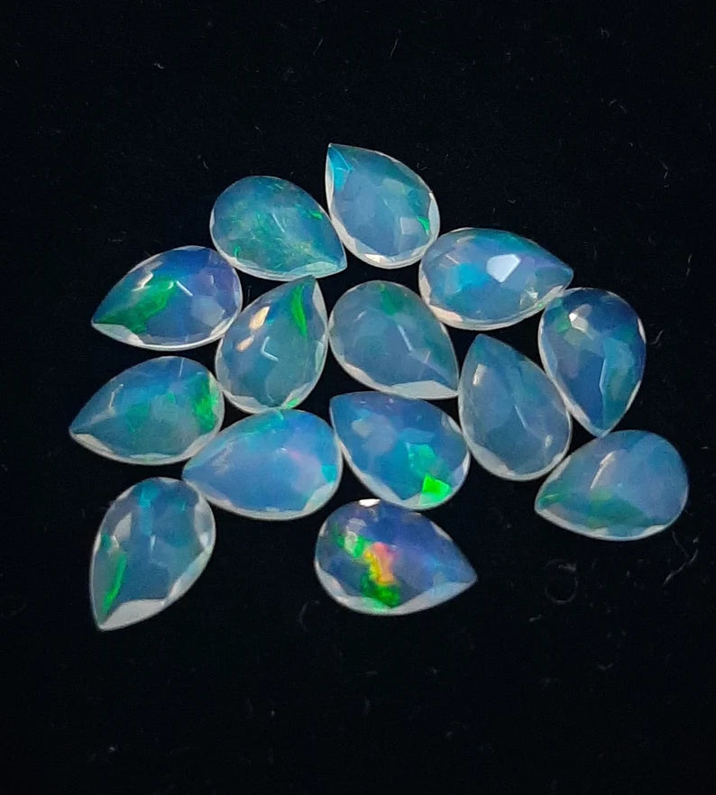 6x8MM, 7x9MM Natural Ethiopian Opal Faceted Pear Cut Gemstone, AAA Multi fire Ethiopian Opal Pear Cut Calibrated loose For Jewelry