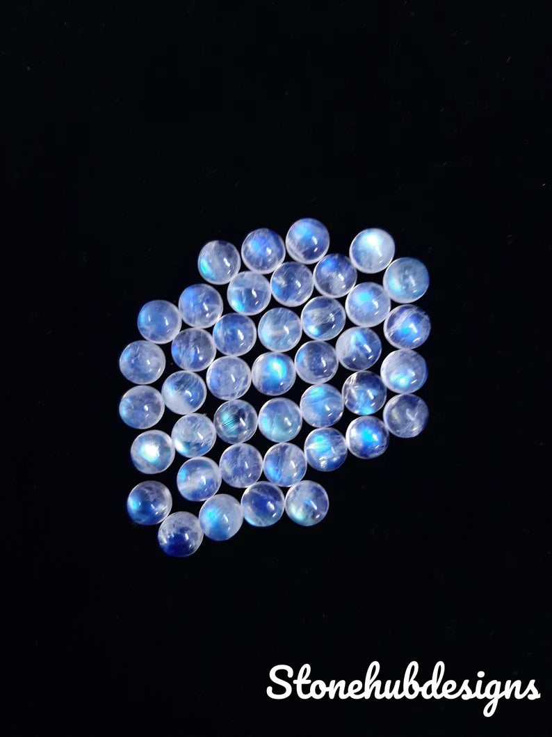 Natural Moonstone Round Cabochon Stone, AAA Blue Fire Flash Moonstone Smooth Round Flat Back Cabochon for Jewelry