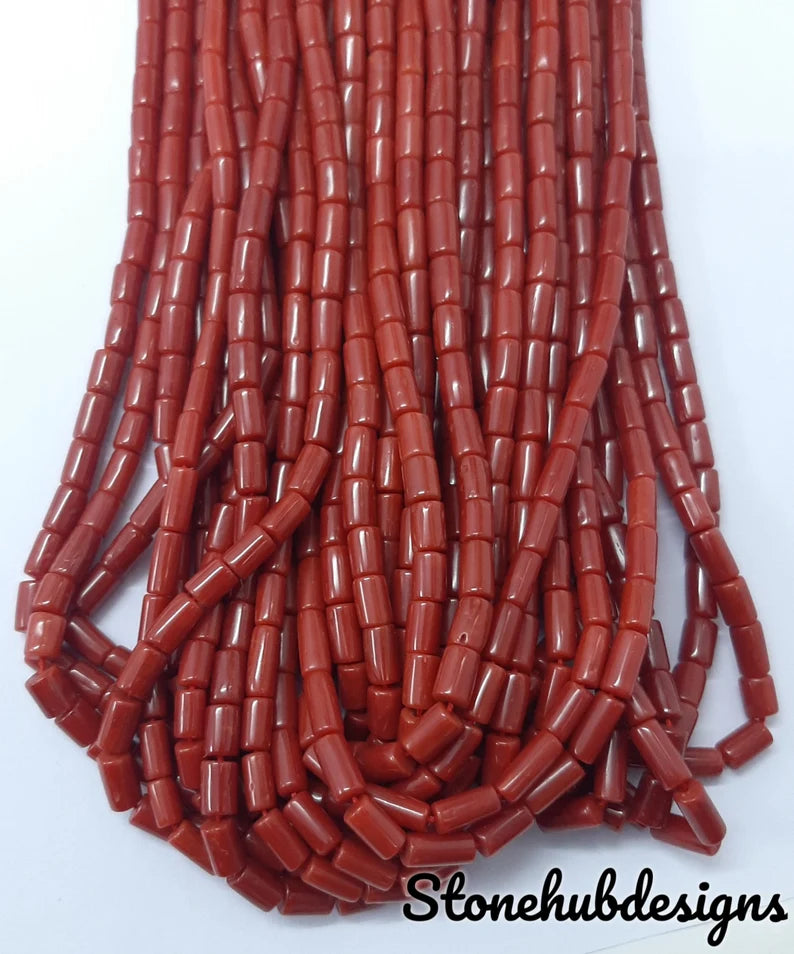 Natural Italian Coral Smooth Tube Beads, AAA Quality Original Italian Deep Red Coral Cylinder 20 Inch Strand Beads for Jewelry