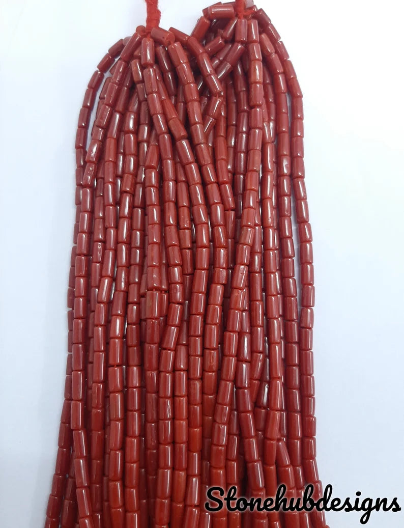 Natural Italian Coral Smooth Tube Beads, AAA Quality Original Italian Deep Red Coral Cylinder 20 Inch Strand Beads for Jewelry