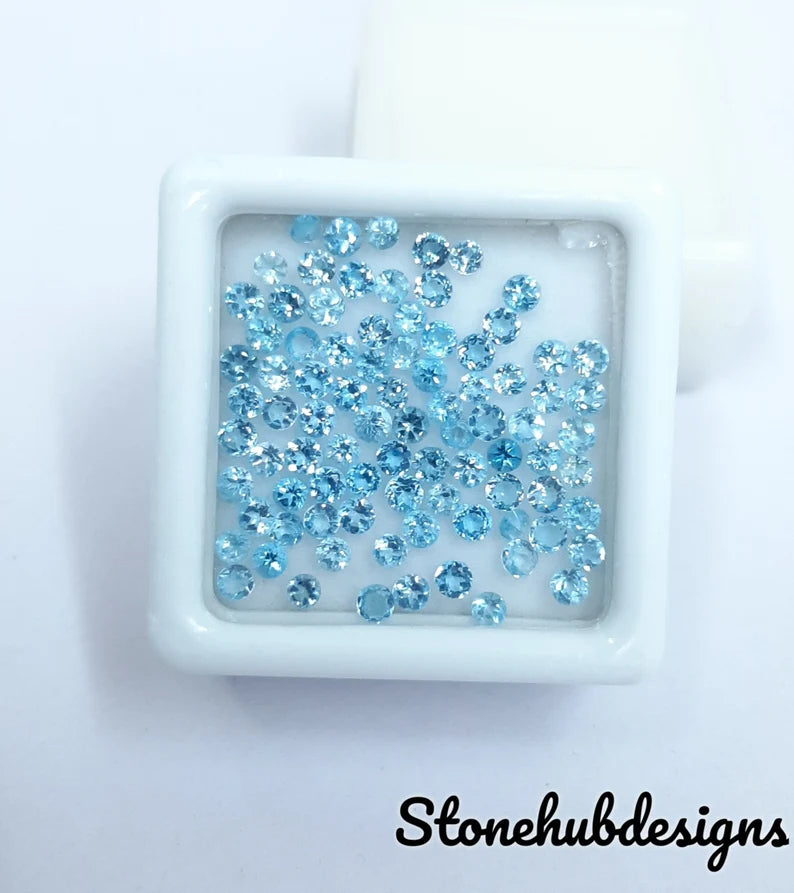1.75MM, 2MM, 2.50MM Natural Swiss Blue Topaz Faceted Round Loose Gemstone, AAA Swiss Blue Topaz Faceted Round Loose Calibrated for jewelry