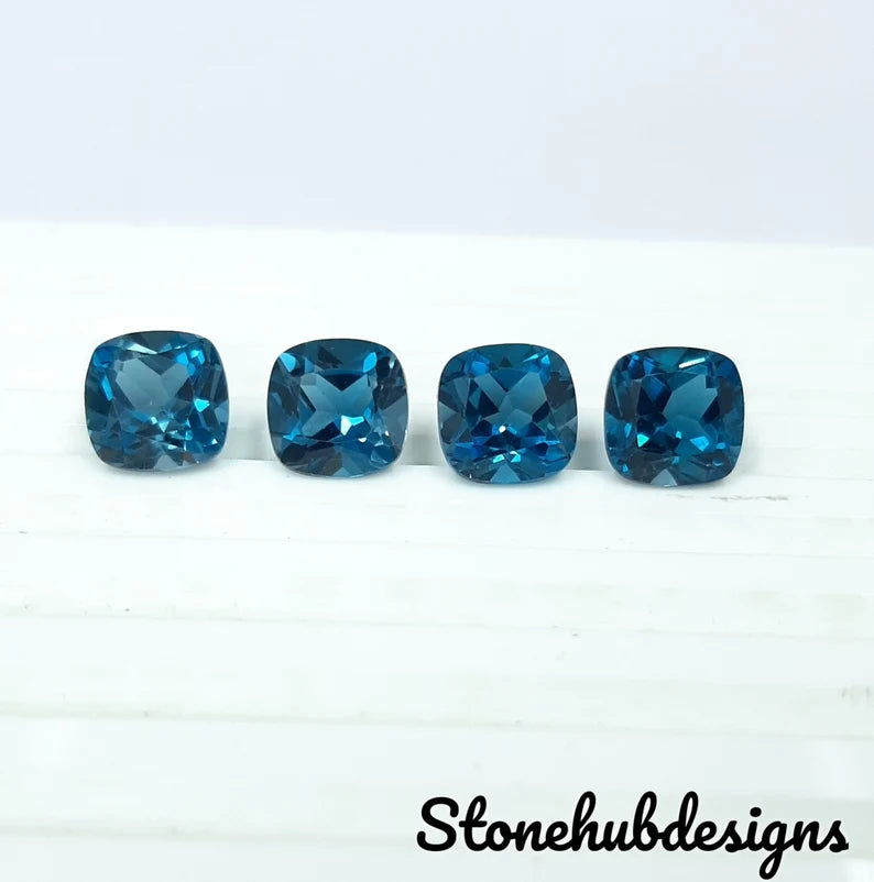 7MM, 8MM, 9MM, 10MM Natural London Blue Topaz Faceted Cushion cut Gemstone, AAA London Topaz faceted Cushion Calibrated Size for Jewelry