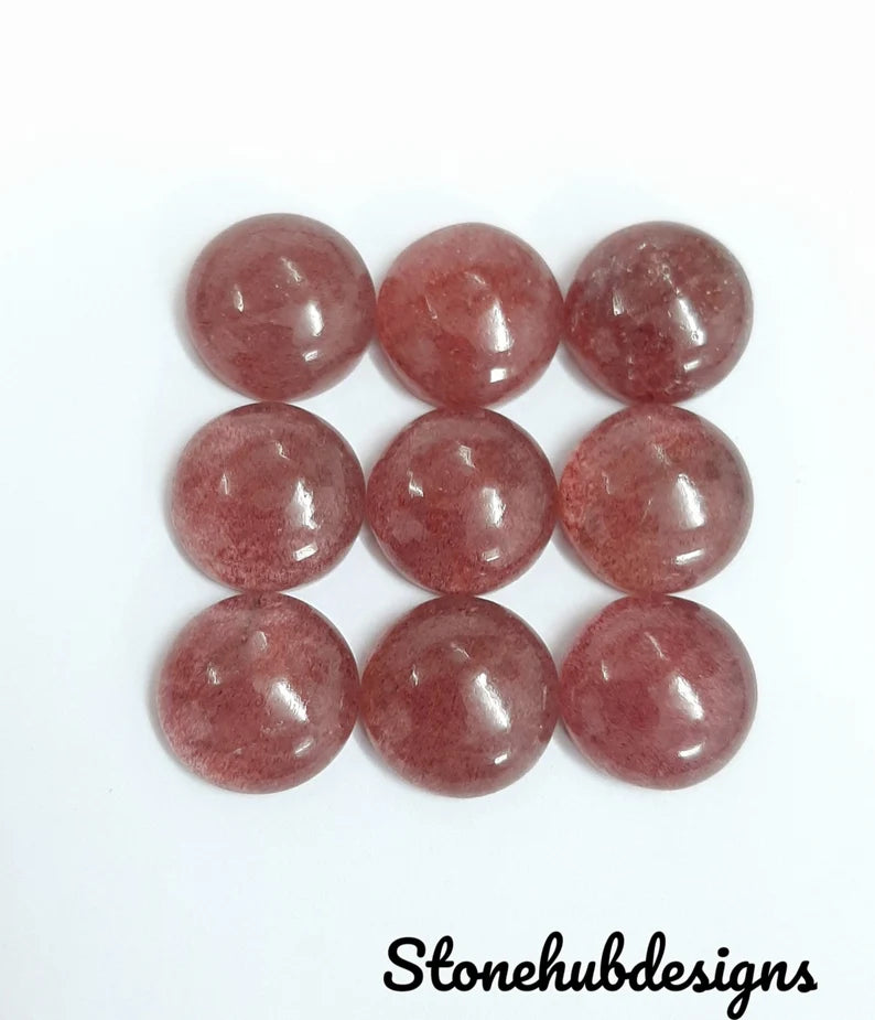 Natural Pink Strawberry Quartz Round Cabochon Gemstone, AAA Round Shape Flat Back Cabochon, Pink Quartz Gemstone For Jewelry