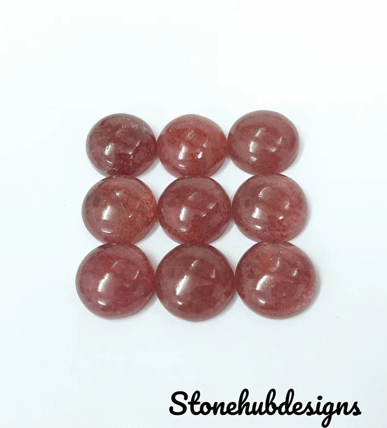 Natural Pink Strawberry Quartz Round Cabochon Gemstone, AAA Round Shape Flat Back Cabochon, Pink Quartz Gemstone For Jewelry