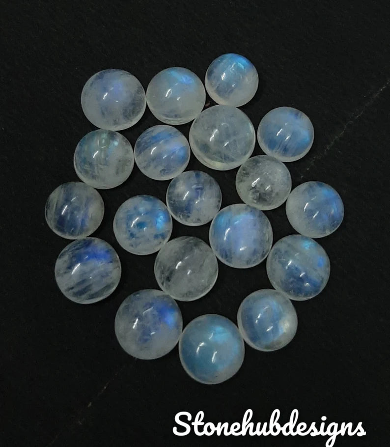 7MM, 8MM, 9MM, 10MM Natural Moonstone Round Cabochon Gemstone, Blue Fire Flash Moonstone Smooth Round Cabs Stone for Jewelry