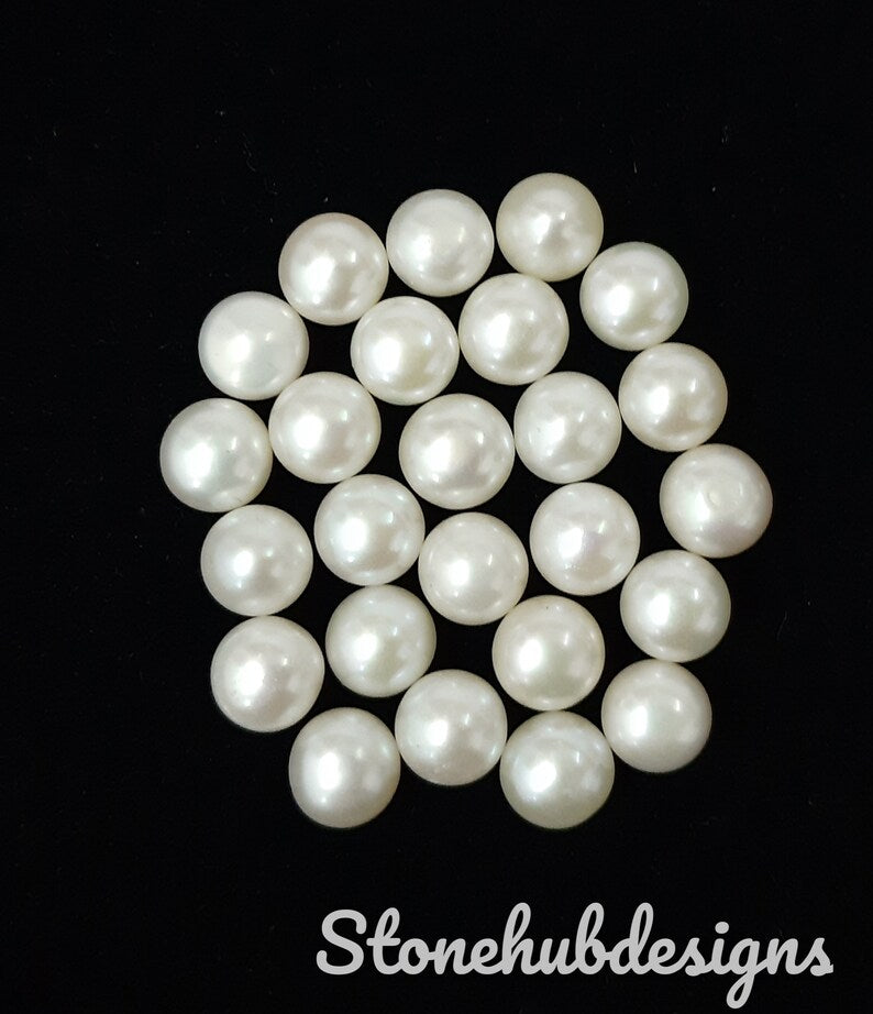 6MM, 6.50MM, 7MM, 7.50MM, 8MM, 8.50MM Natural Fresh Water White Pearl Round Button Cabochon Stone, AAA White Pearl Loose Stone For Jewelry