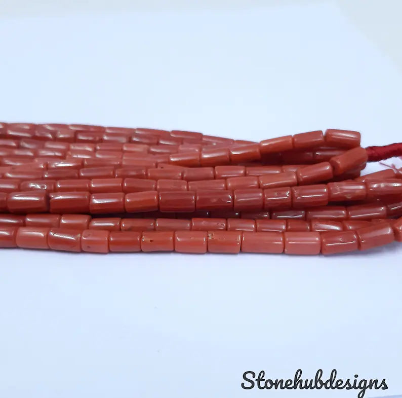 Natural Italian Coral smooth Tube Beads, Original Italian Red Coral Cylinder Beads For Jewelry, 4x8-5x8 mm Each Approx.
