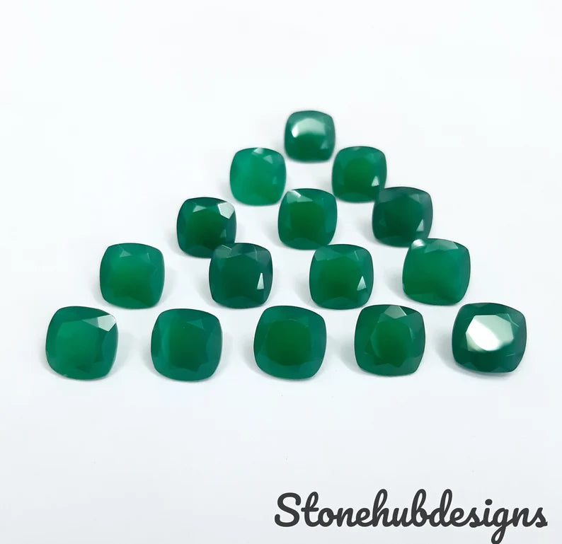 5MM, 6MM, 7MM, 8MM, 9MM, 10MM Natural Green Onyx Faceted Cushion gemstone, AAA Quality Green Onyx Cushion Faceted Loose Gemstone For Jewelry