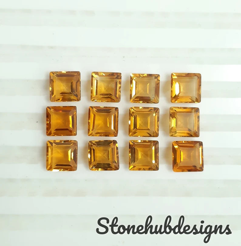 5MM, 6MM, 7MM, 8MM Natural Citrine Faceted Square Loose Gemstone, AAA Citrine Faceted Square Loose Calibrated Cut Gemstone For Jewelry