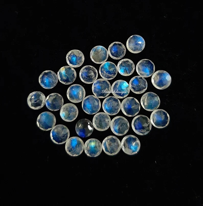 5MM, 6MM Natural Moonstone Faceted Round Cut Gemstone, Moonstone Faceted Round With Blue Flash Gemstone For Jewelry