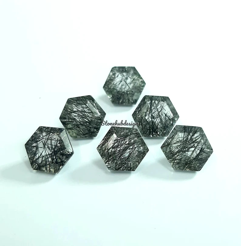 9MM, 10MM Natural Black Rutile Quartz Faceted Hexagon Shape Step Cut, AAA Quality Rutile Quartz Loose Gemstone For Jewelry Making