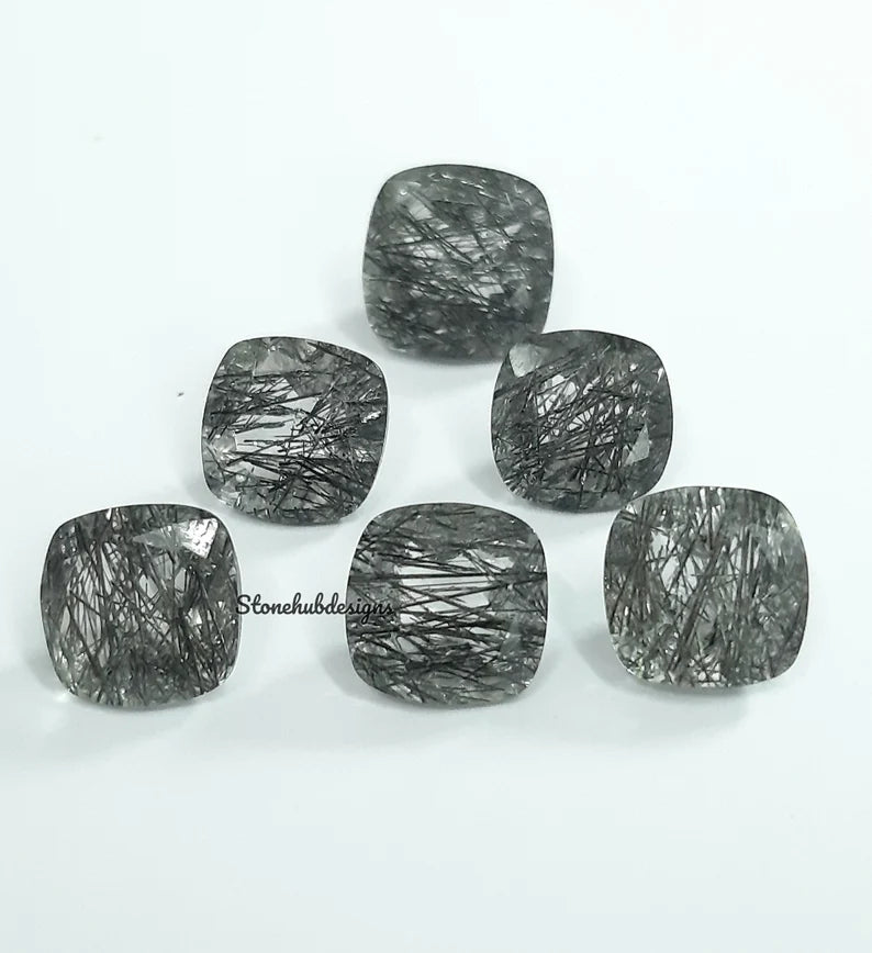 9MM, 10MM Natural Black Rutile Quartz Faceted Cushion Cut Gemstone, AAA Black Rutile Quartz faceted Cushion Loose Gemstone For Jewelry