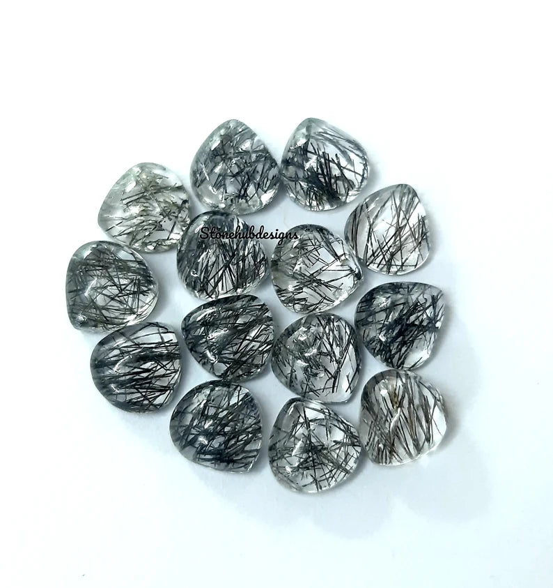 5MM, 6MM, 7MM, 8MM Natural Black Rutilated Quartz Heart Cabochon Top Quality, AAA Rutile Quartz Smooth Heart Cabs For Jewelry