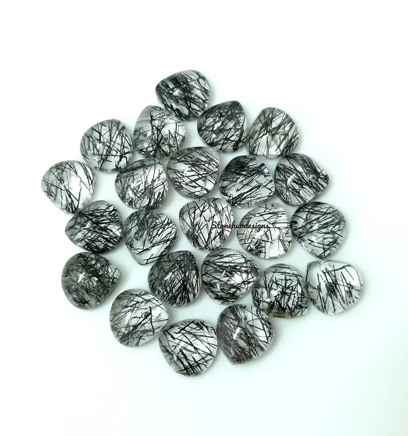 5MM, 6MM, 7MM, 8MM Natural Black Rutilated Quartz Heart Cabochon Top Quality, AAA Rutile Quartz Smooth Heart Cabs For Jewelry