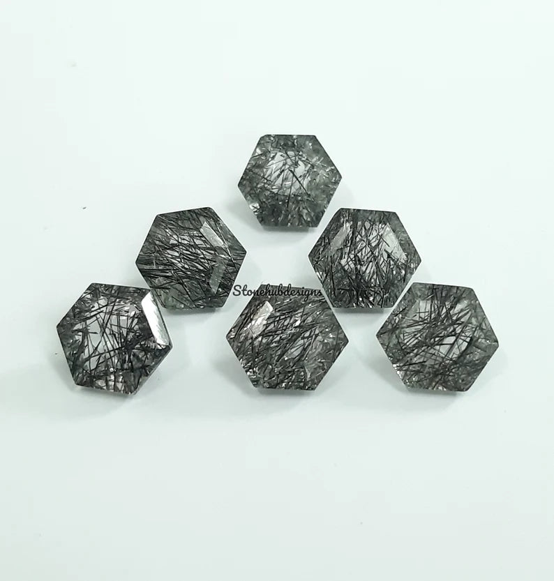 9MM, 10MM Natural Black Rutile Quartz Faceted Hexagon Shape Step Cut, AAA Quality Rutile Quartz Loose Gemstone For Jewelry Making