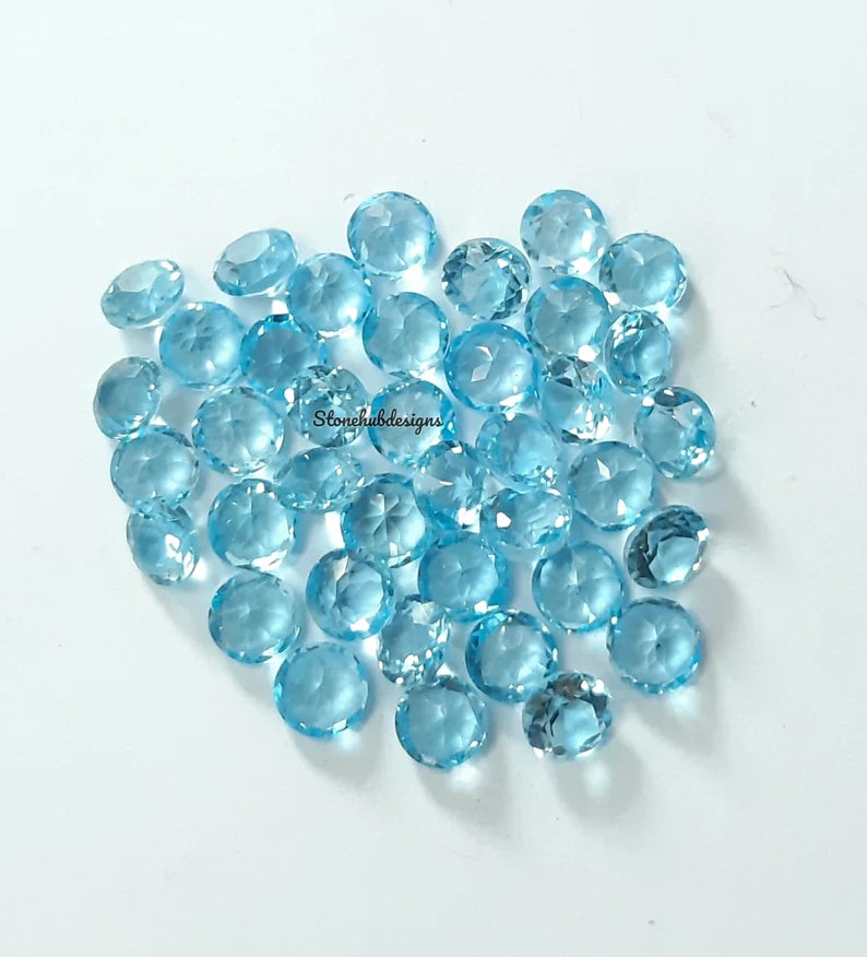 2MM, 2.50MM, 3MM, 3.50MM Natural Swiss Blue Topaz Faceted Round Cut Gemstone, AAA Quality Swiss Topaz Round Cut Loose stone for jewelry
