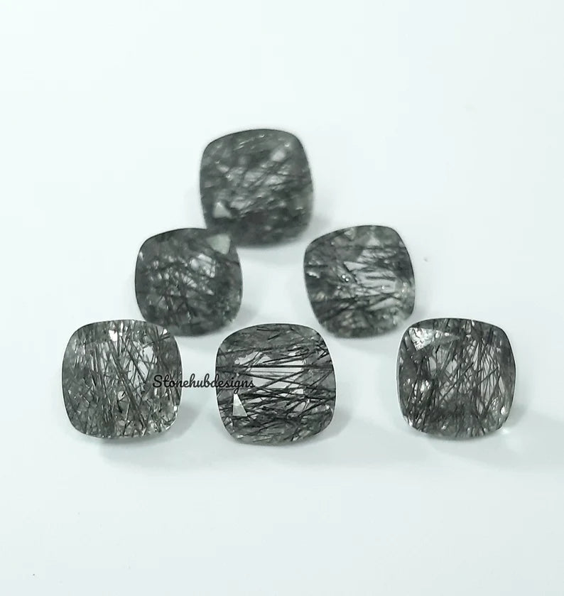 9MM, 10MM Natural Black Rutile Quartz Faceted Cushion Cut Gemstone, AAA Black Rutile Quartz faceted Cushion Loose Gemstone For Jewelry