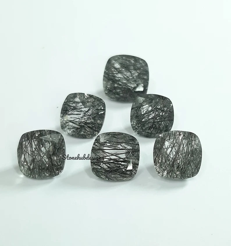 9MM, 10MM Natural Black Rutile Quartz Faceted Cushion Cut Gemstone, AAA Black Rutile Quartz faceted Cushion Loose Gemstone For Jewelry