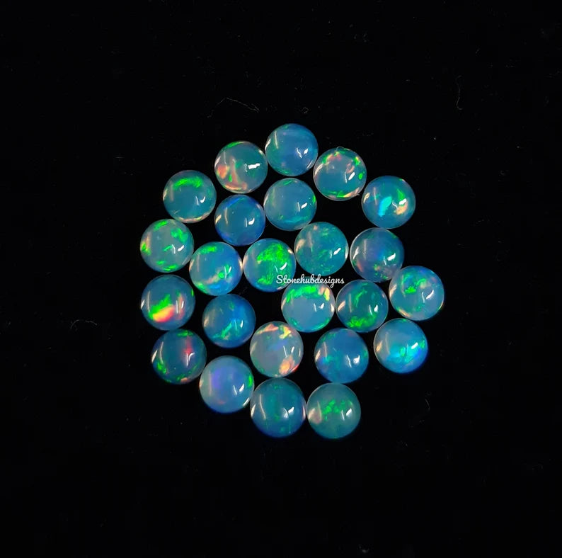 3MM, 4MM Natural Ethiopian Opal Multi Fire Round Cabochon Gemstone | Natural Ethiopian Opal Loose Gemstone Flat Back Cabochon For Jewelry
