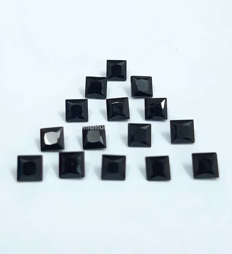 7MM, 8MM, 9MM, 10MM Natural Black Onyx Faceted Square Cut Gemstone, AAA Black Onyx Faceted Square Loose Cut Stone for Jewelry