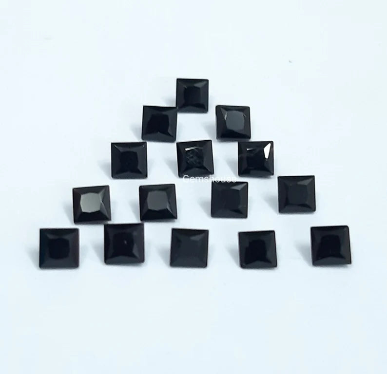 7MM, 8MM, 9MM, 10MM Natural Black Onyx Faceted Square Cut Gemstone, AAA Black Onyx Faceted Square Loose Cut Stone for Jewelry