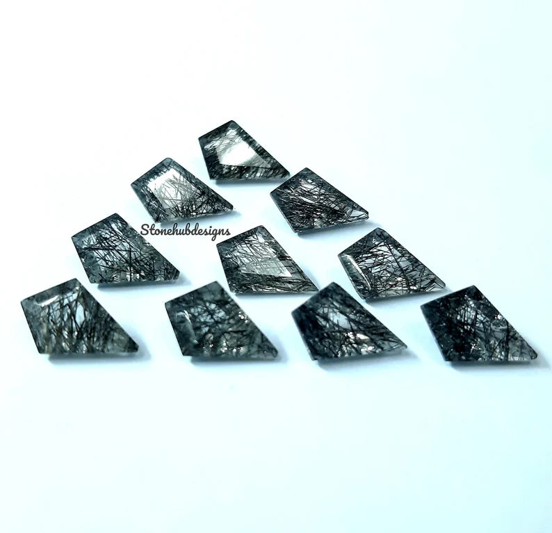 6x9MM, 7x10MM, 8x12MM Natural Black Rutilated Quartz Faceted Kite Cut Gemstone, AAA Black Rutile Quartz Kite Shape Cut Stone For Jewelry