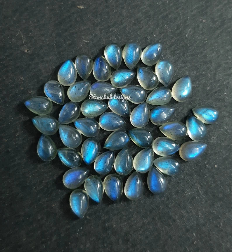 Natural Labradorite Smooth Pear Cabochon loose gemstone, AAA Blue Fire Labradorite Smooth Pear Flat back Cabs Stone for jewelry