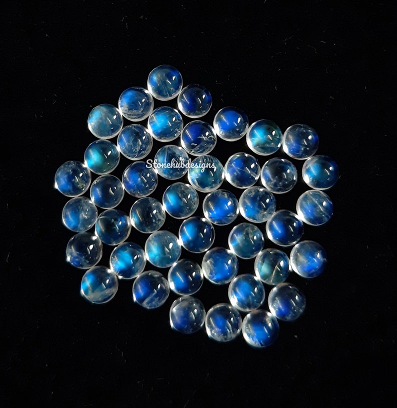 3MM, 4MM, 5MM Natural Moonstone Round flat back Cabochon Gemstone, AAA Flashy Blue Moonstone Smooth Round Cabs Loose stone For Jewelry