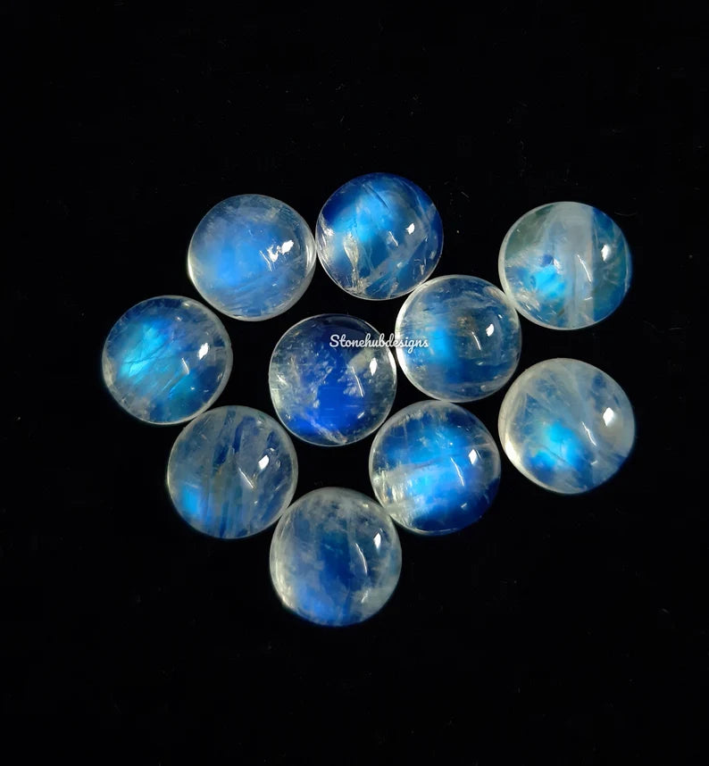 9MM, 10MM Natural Moonstone Round Cabochon Stone, AAA Quality Blue Fire Flash Moonstone Smooth Round cabs for Jewelry