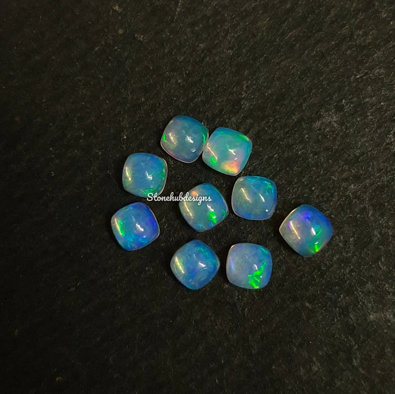 4MM, 5MM, 6MM Natural Ethiopian Opal Cushion Cabochon Gemstone, AAA Ethiopian Opal Multi Fire Smooth Cushion Cabs loose stone for jewelry