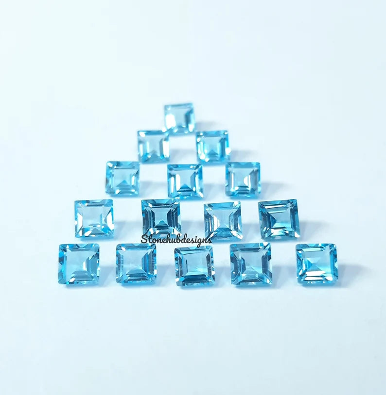7MM, 8MM, 9MM, 10MM Natural Swiss Blue Topaz Faceted Square Cut Gemstone, AAA Swiss Blue Topaz Square Loose Calibrated Cut Gemstone