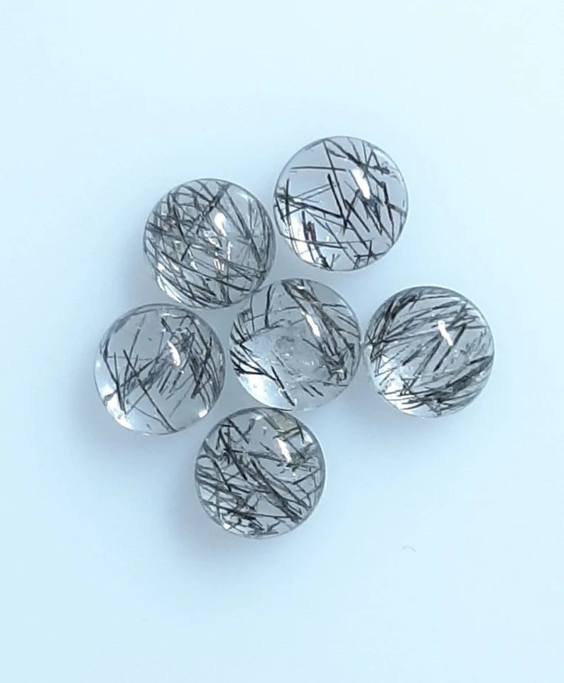 9MM, 10MM Natural Black Rutile Quartz Round Cabochon Gemstone, AAA Black Rutile Quartz Smooth Round Flat Back Cabochon Stone for Jewelry