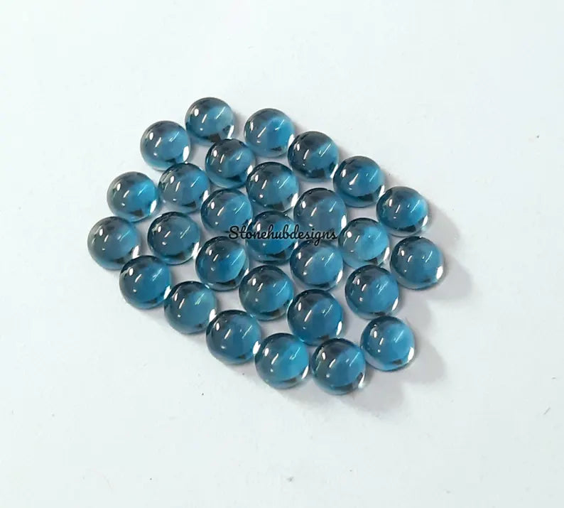 3MM, 4MM, 5MM, 6MM, 7MM, 8MM Natural London Blue Topaz Round flat back Cabochon Gemstone, AAA London Topaz Smooth Round For Jewelry making