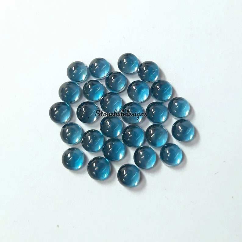 3MM, 4MM, 5MM, 6MM, 7MM, 8MM Natural London Blue Topaz Round flat back Cabochon Gemstone, AAA London Topaz Smooth Round For Jewelry making