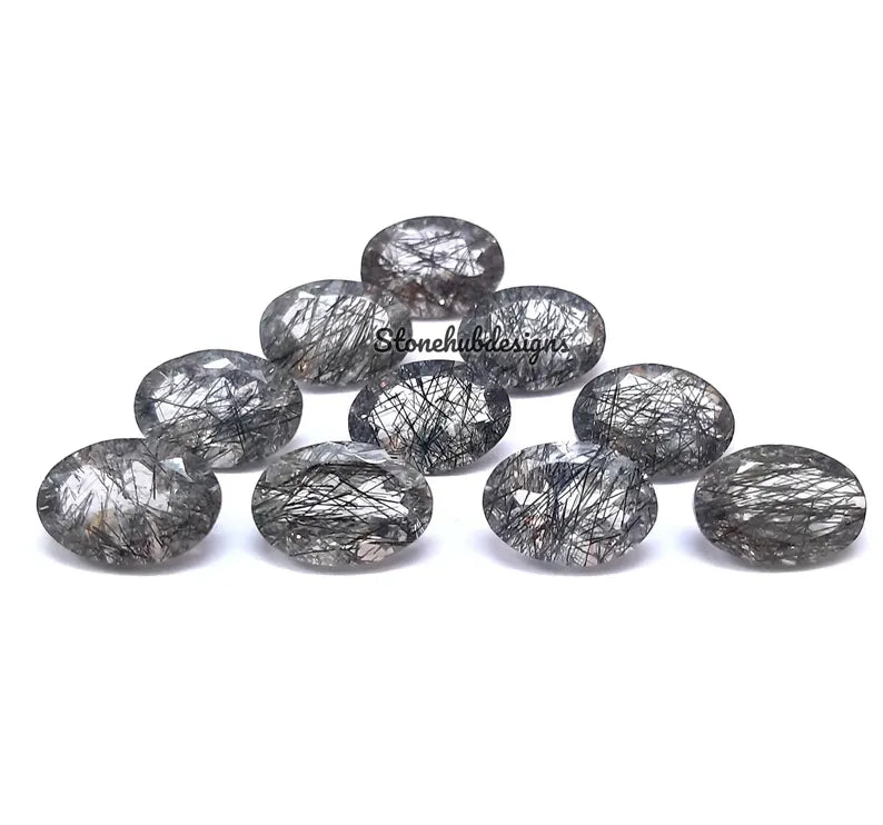 10x14MM, 12x16MM, 13x18MM Natural Black Rutile Faceted Oval Gemstone, AAA Black Rutile Quartz Oval Loose Calibrated Cut Stone for jewelry