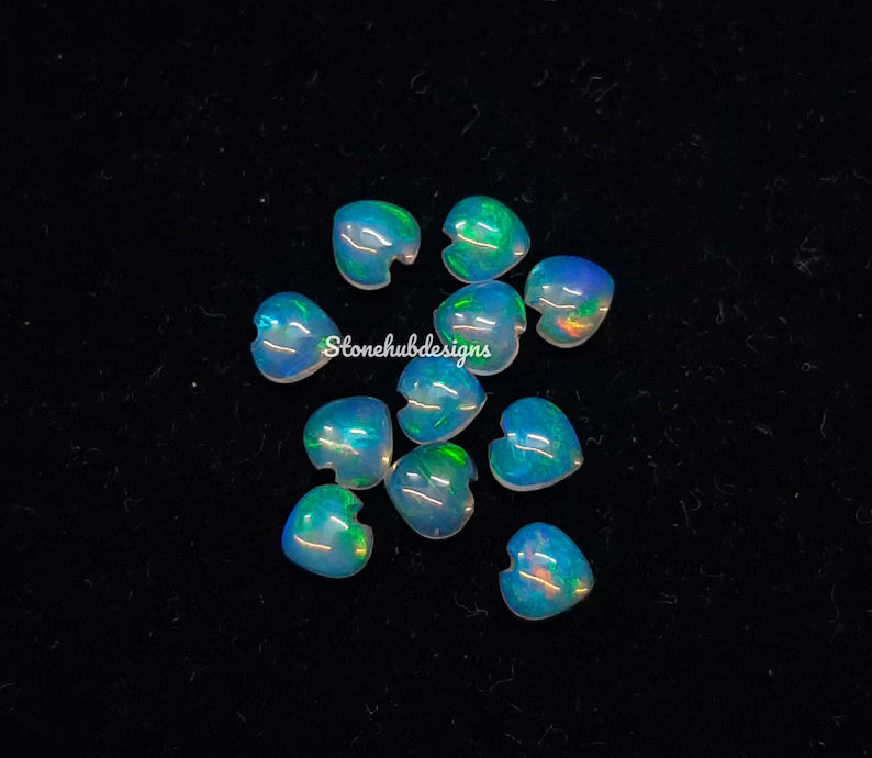 4MM, 5MM, 6MM Natural Ethiopian Opal Heart shape Cabochon Gemstone, AAA Ethiopian Opal Multi Fire Smooth Hearts Cabs loose stone for jewelry