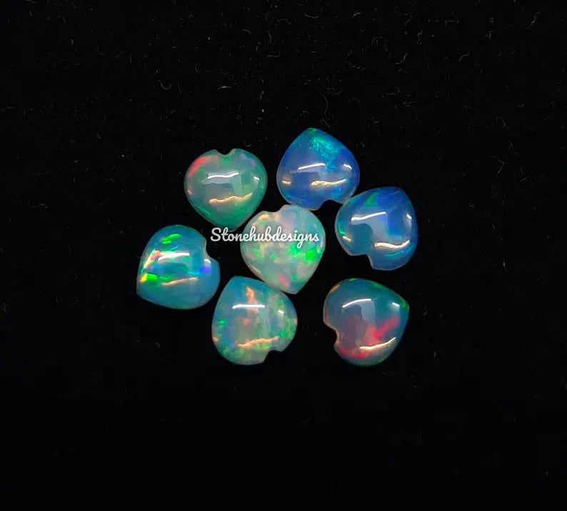 7MM, 8MM, 9MM, 10MM Natural Ethiopian Opal Heart Cabochon Gemstone, AAA Ethiopian Opal Multi Fire Smooth Hearts Cabs loose stone for jewelry