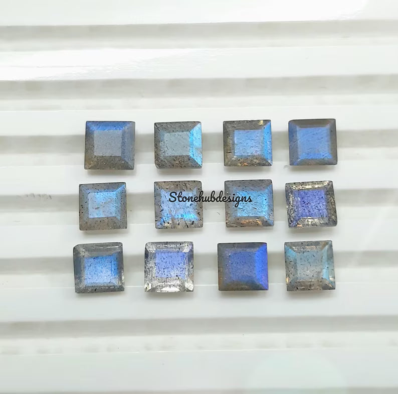5MM, 6MM Natural Labradorite Faceted Square Cut Stone, AAA Labradorite Faceted Square Loose Calibrated Blue flashy Cut Stone For jewelry