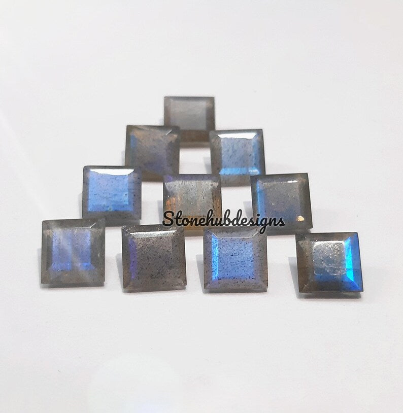 7MM, 8MM Natural Labradorite Faceted Square Cut Stone, AAA Labradorite Faceted Square Loose Calibrated Blue flashy Cut Stone For jewelry