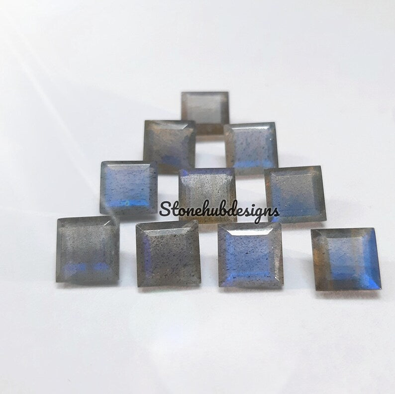 7MM, 8MM Natural Labradorite Faceted Square Cut Stone, AAA Labradorite Faceted Square Loose Calibrated Blue flashy Cut Stone For jewelry